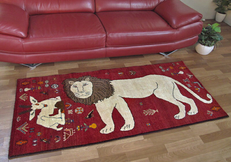 ギャッベ イラン製 175×83cm 手織り ウール100% 天然素材 草木染 トライバル 絨毯 じゅうたん ラグ マット カーペット ギャベ 赤 ライオン (品番:ALB-4217） 2