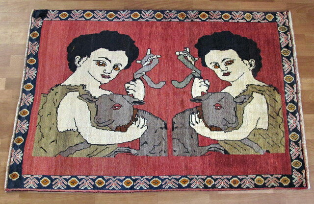 ギャッベ イラン製 158×107cm 手織り ゾランヴァリ ウール100% 天然素材 草木染 トライバル 絨毯 じゅうたん ラグ マット カーペット ギャベ 赤 (品番:AM-4147）