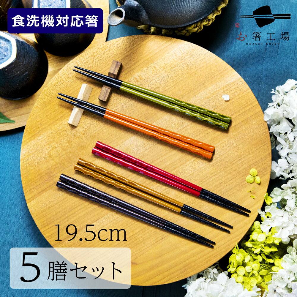 箸 食洗機対応 もちやすい 木彫り箸 19.5cm 5膳セット / はし お箸 若狭塗 5色 塗り箸 抗菌 日本製 国産 滑らない 滑り止め おしゃれ シンプル 木製 記念品 持ちやすい 5本 プチギフト モダン 子ども こども ジュニア おしゃれ 業務用 普段使い 母の日 土産 みやげ 敬老の日