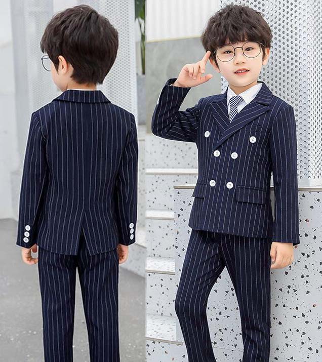 【送料無料】子供服 キッズ 子供スーツ ストライプ 5点セット ジャケット+パンツ+ベスト+シャツ+ネクタイ こどもスーツ 上下セット ベビー スーツ パーティー 礼服 キッズスーツ 男の子スーツ フォーマルスーツ 卒業式スーツ 発表会 結婚式 韓国ファッション 男児