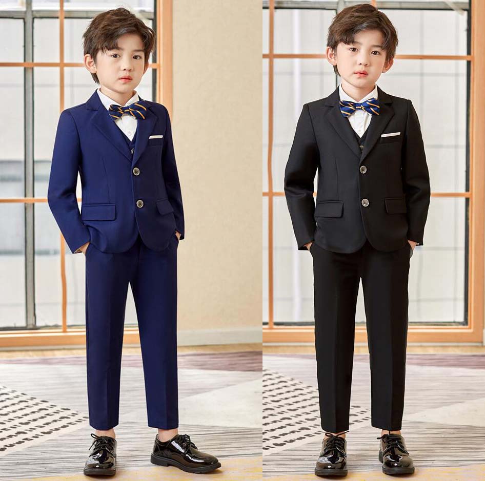 樂天商城 - 【送料無料】結婚式スーツ 発表会 子供服 男の子用スーツ カジュアル 子供スーツ ベビー服 フォーマルスーツ 男の子 スーツ キッズ 子供 5点セット：ジャケット+ベスト+パンツ+シャツ+蝶結び 上下セット タキシード ブラック ネイビー ジュニア 入学式 卒業式 七五三