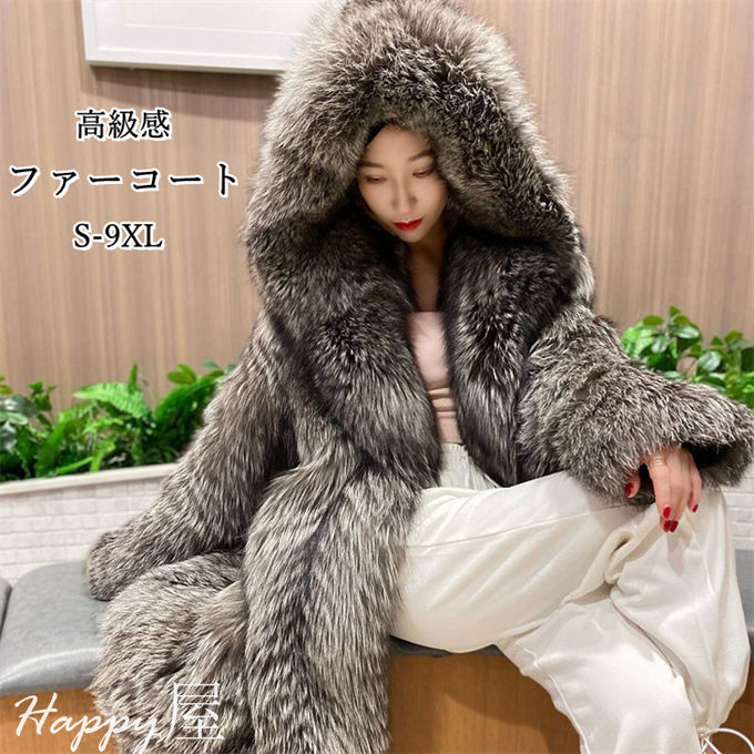 樂天商城 - ファーコート レディース 毛皮コート ロッグコート 高級感 フォックス風 ボリュームファー フード付き フェイクファー 大きいサイズ 上着 暖かい 防寒 お洒落 キレイめ 高級素材 冬服 冬新作 送料無料