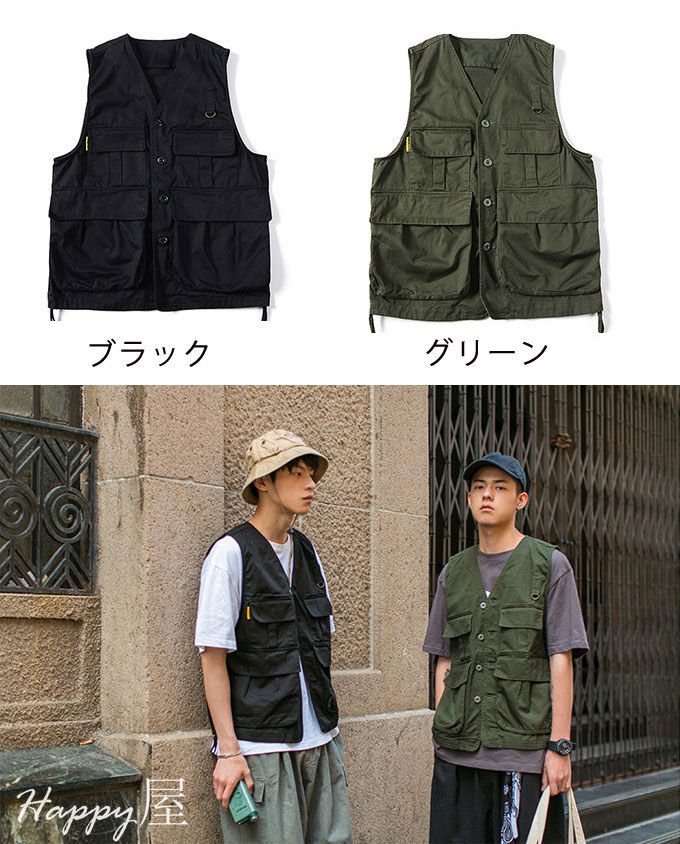 ベスト メンズ ワークベスト Vネック シングル ポケット付き 無地 アウトドア 薄手 作業服 お釣り 登山 ミリタリー ゆったり カジュアル スポーツ レトロ 春 夏 秋 送料無料 2