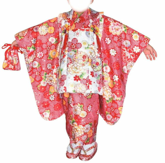 七五三・女児、被布コートセット・三歳用・数量限定品・きもの+被布コート+巾着+草履+リボン+足袋+襦袢