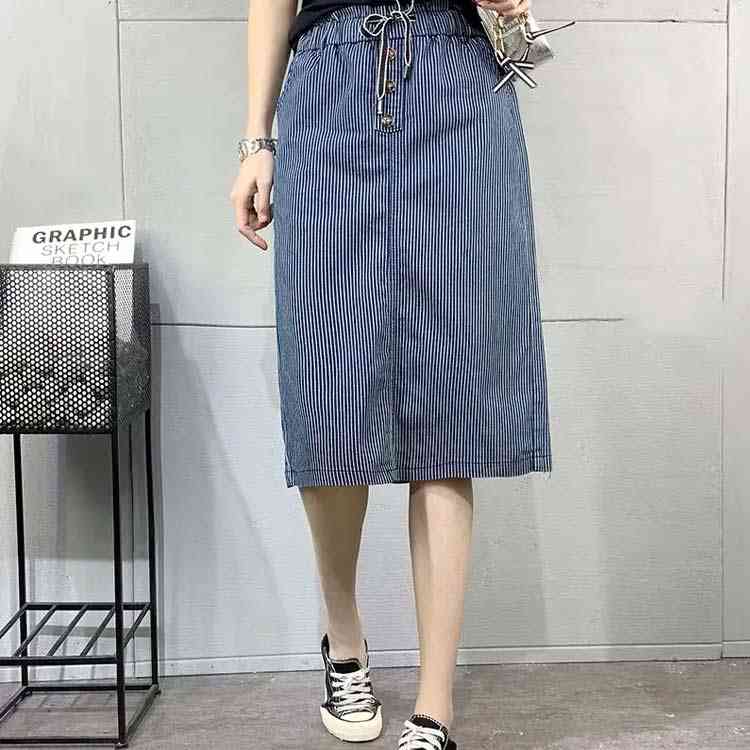 ストライプ ウエストゴム レディース キレイめ カジュアル スリット ボトムス ロング丈 Aライン 美脚 着痩せ 夏物 デニムスカート