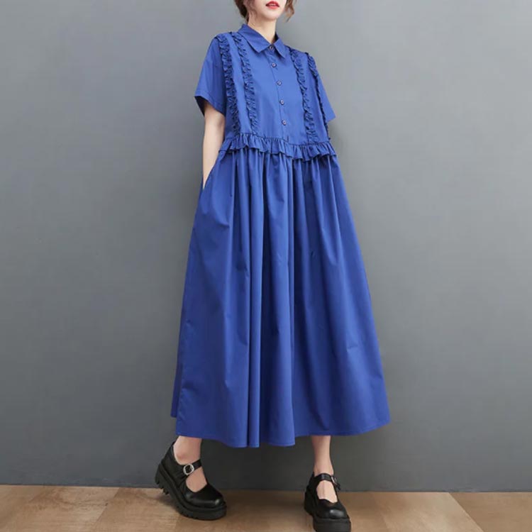 シャツワンピ レディース シャツワンピース 夏服 ロングシャツ 春 夏 フリル フレアワンピース 半袖 シンプル 大きいサイズ ワンピ ロングワンピース ロング丈 無地 ゆったり カジュアル 体型カバー ウエスト切替 きれいめ オフィス 夏新作 春 夏 夏物 Aライン