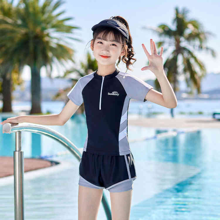 2点セット セパレート スクール水着 スポーツウエア 女の子 半袖 ラッシュガード キッズ水着 プール ジュニア スイムウェア キッズ ライン入り UVカット 子供用 100-160サイズ 水泳 スイミング 学校 ショートパンツ