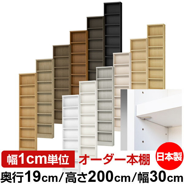 固定棚のない全棚板可動のフルオープン構造 本棚 CD，DVD，コミックの大量収納に最適　棚板は耐荷重性に優れたタフタイプ　当店独自の全棚板移動1.5cmピッチと幅木カットが選べます　低ホルムアルデヒド　F★★★★サイズ奥行19cm×高さ200cm×幅30cm側板（内寸）16.2cm側板（外寸）17.5cm有効内寸幅外寸幅−（マイナス）3.6cm材　質プリント紙化粧繊維板塗　装ウレタン樹脂塗装棚　板厚さ25mmイージーロック棚6枚棚　板耐荷重左の耐荷重基準値表を参照棚　板奥行15.8cm【イージーロックタイプ】奥行19cm×高さ200cm×幅30cm