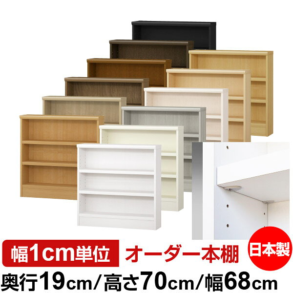 固定棚のない全棚板可動のフルオープン構造 本棚 CD，DVD，コミックの大量収納に最適　棚板は耐荷重性に優れたタフタイプ　当店独自の全棚板移動1.5cmピッチと幅木カットが選べます　低ホルムアルデヒド　F★★★★サイズ奥行19cm×高さ70cm×幅68cm側板（内寸）16.2cm側板（外寸）17.5cm有効内寸幅外寸幅−（マイナス）3.6cm材　質プリント紙化粧繊維板塗　装ウレタン樹脂塗装棚　板厚さ25mmイージーロック棚2枚棚　板耐荷重左の耐荷重基準値表を参照棚　板奥行15.8cm【イージーロックタイプ】奥行19cm×高さ70cm×幅68cm
