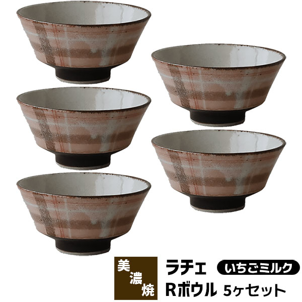 【取寄品】 Rache ラチェ Rボウル 5ヶセット ＜いちごミルク＞ラシャチェック柄 小丼 お茶碗 スープボウル どんぶり 洋食器セット かわいい 可愛い おしゃれ 普段使い 電子レンジ対応 食洗機対応 ギフト プレゼント お祝い 母の日 結婚祝い 日本製