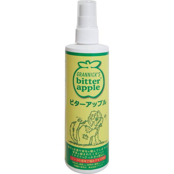 容　量 236ml（スプレータイプ） 成　分 イソプロパノール、水、リンゴから抽出した苦味成分カミカミ防止に犬の嫌いな苦味成分のスプレー ビターアップル リンゴの皮から抽出した人畜無害の苦味成分です。 噛んではイケナイ場所にシュッとひと拭き。 パピーのあまがみ時、パパさんママさんのソックスや衣類にシュッ！ ●足の裏のナメ防止に。 ●湿疹のナメ防止に。 ●包帯の外し防止に。 ●家具やスリッパ等の噛み防止に。 ●ムダ吠えのしつけにも。 ●ナメ癖防止に。