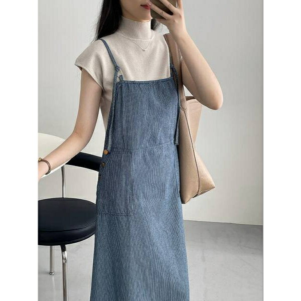 ストライプサロペット　ジャンバースカート　ロングスカート　マキシ丈　肩ひも調整可　ブルー系ストライプほっそり効果大通勤通学20代30代40代50代60代送料無料