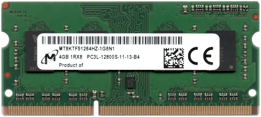 【ポイント2倍】Micron 低電圧メモリ(1.35 V) PC3L-12800S (DDR3L-1600) 4GB SO-DIMM 204pin 型番：MT8KTF51264HZ-1G6N1 ノートパソコ..