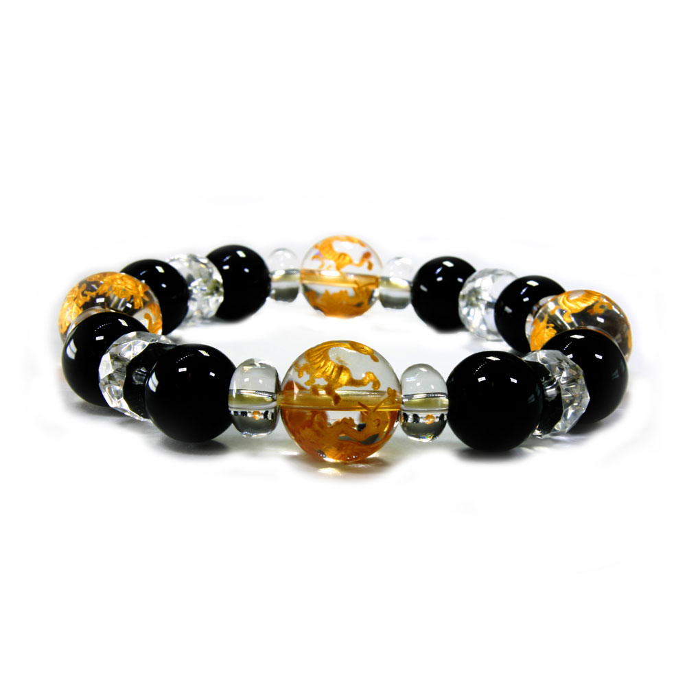 【楽天市場出店20周年記念売り尽くし価格設定中！！】　プレゼント最適　敬老の日　4月誕生石 四神獣 4in1 金色彫刻 水晶 オニキス 水晶 クリスタル ブレスレット(4)