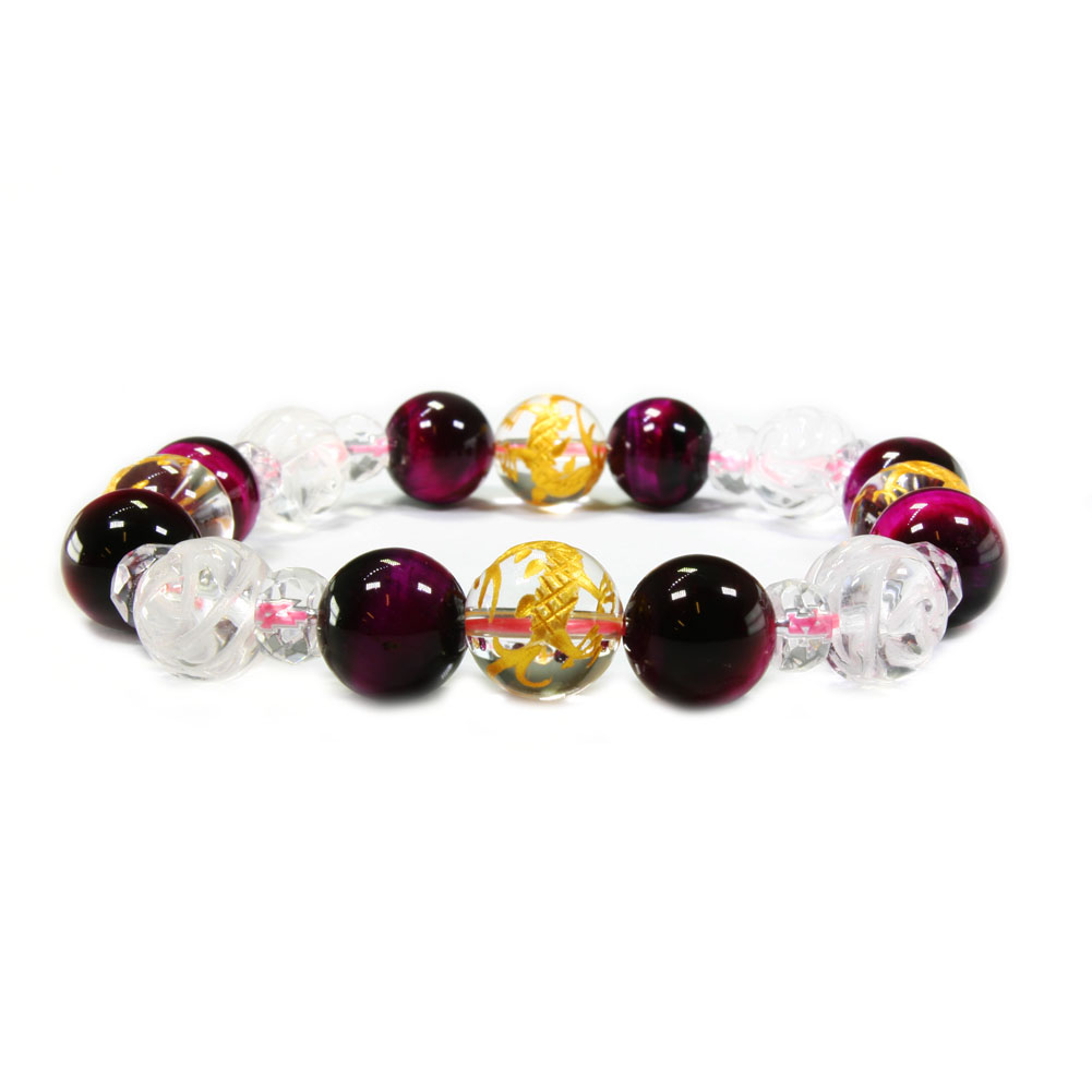SWAROVSKI - 【売り尽くし価格設定中！！】　プレゼント最適　敬老の日　4月 3月誕生石 四神獣 青龍 金色彫刻 水晶 ピンクタイガーアイ 水晶 クリスタル ブレスレット