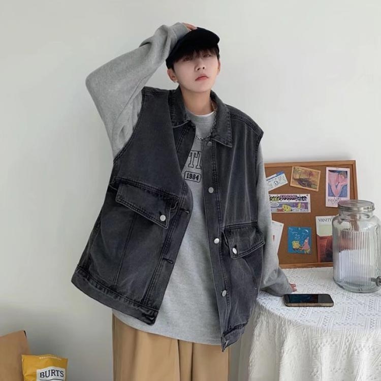 デニム 袖なし オーバーサイズ ジャケット デニムベスト ノースリーブ トップス メンズ 春 レイヤード ゆったり 重ね着 ベスト デニムジャケット 前開き ポケット付き ウォッシュ加工 お洒落 カジュアル ヴィンテージ BF風 ストリート 送料無料