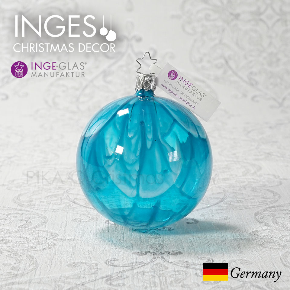 オーナメント ドイツINGE-GLAS MANUFAKTUR（インゲ・グラス）[J107]ブルー 波模様 8cm ガラスボール ハンドメイドオーナメント Made in Germany 職人の手作り ヨーロッパ直輸入 クリスマス[送料無料]