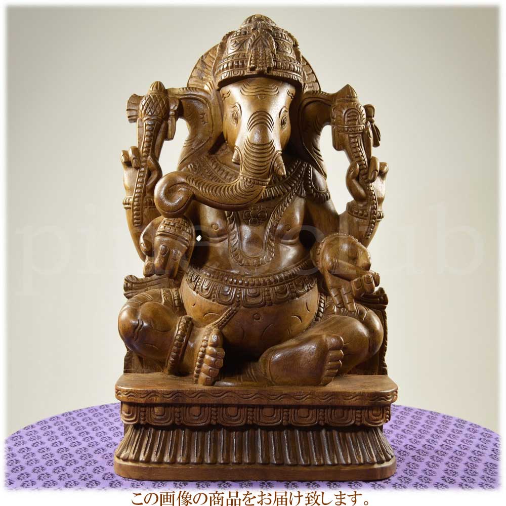 ガネーシャ座像 高さ約61cm 重さ約10.8kg インドの象の神様 置物 木像 WGO-094