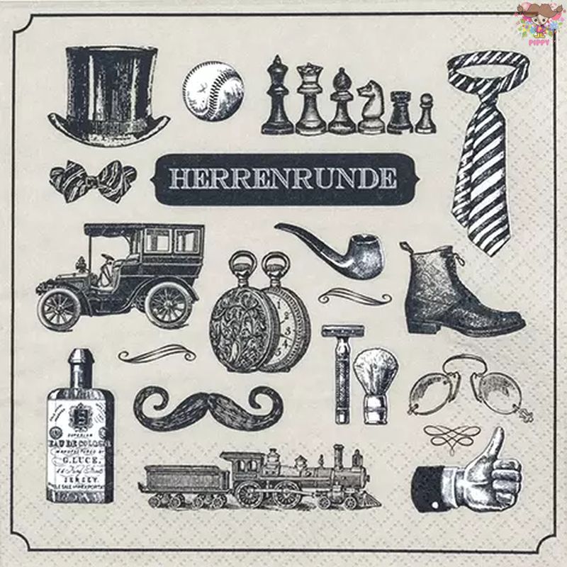 HOME FASHION ペーパーナプキン☆Herrenrunde☆（1枚/バラ売り）靴 車 帽子 メガネ ネクタイ 髭 英字 かわいい 素敵 お洒落 可憐 エレガント デコパージュ ハンドメイド