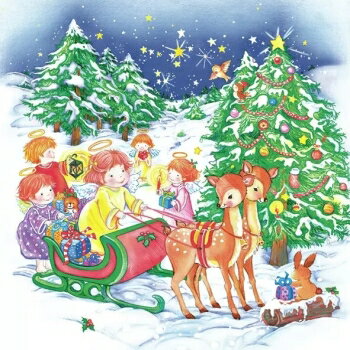 ポーランド Daisy ペーパーナプキン デコパージュ☆ソリに乗ったクリスマスエンジェル 天使 ツリー☆（Xmas Angels on a Sleigh）（1枚/バラ売り）