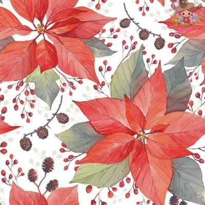 楽天Pippy 2号店Ambiente ペーパーナプキン☆ポインセチアと木の実 花柄 クリスマス☆（Poinsettia And Berries）（1枚/バラ売り）