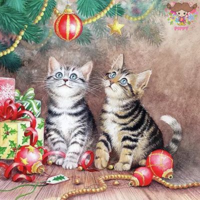 Ambiente ペーパーナプキン☆クリスマスツリーを見つめる子猫たち オーナメント プレゼント 動物☆ (Magic Of Christmas)（1枚/バラ売り）