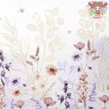 ★ドイツ HOME FASHION 素敵な ペーパーナプキン デコパージュ☆メローな花 ラベンダー 葉 植物☆(Mellow Flowers)（1枚/バラ売り）