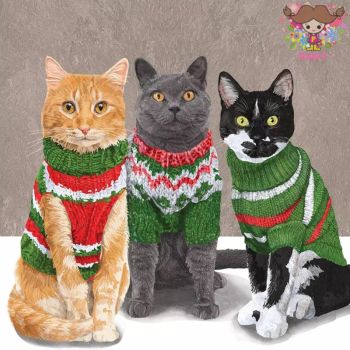 PPD 素敵な ペーパーナプキン デコパージュ☆セーターを着た猫 赤いセーター 緑のセーター ねこ☆(Sweater Cats )（1枚/バラ売り）
