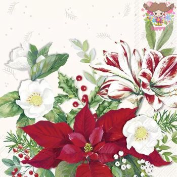 IHR ペーパーナプキン☆CHRISTMAS FLORALS white☆（20枚入り）花束 もみの木 ベリー クリスマスローズ ポインセチア アマリリス ユーカリ 花柄 デコパージュ