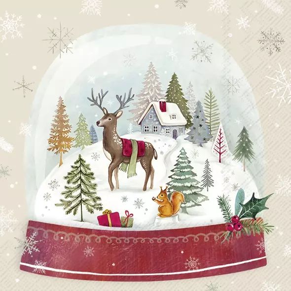IHR ペーパーナプキン☆SNOW GLOBE cream☆（1枚/バラ売り）クリスマス スノードーム トナカイ リス 雪 クリスマスツリー デコパージュ 可愛い 素敵 お洒落