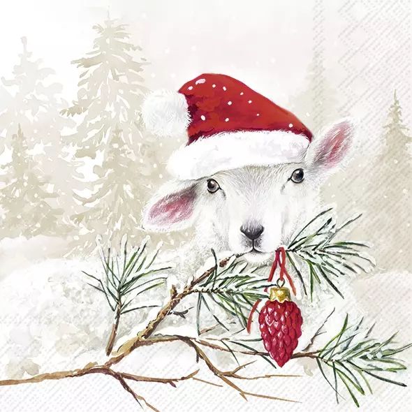 IHR ペーパーナプキン☆CHRISTMAS SHEEP cream☆（1枚/バラ売り）クリスマス サンタクローズ 帽子 オーナメント ヤギ 動物 デコパージュ 可愛い 素敵 お洒落