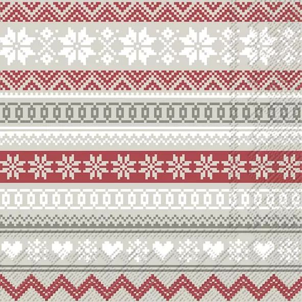 IHR ペーパーナプキン☆NORDIC PATTERN cream red☆（1枚/バラ売り）クリスマス ノルディック パターン 赤 ハート スノーフレーク デコパージュ 可愛い 素敵 お洒落