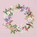 IHR ペーパーナプキン☆ROMANTIC ILEX WREATH rose☆（1枚/バラ売り）クリスマスローズ ヒイラギ リース 花柄 デコパージュ 可愛い 素敵 お洒落