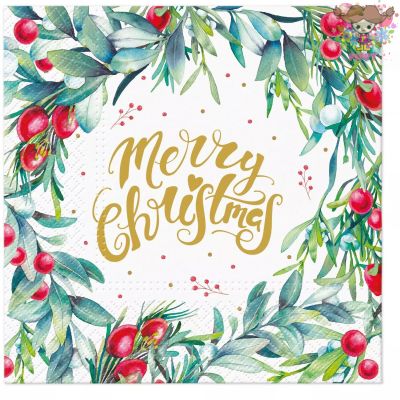 Paw ペーパーナプキン☆Merry Christmas Floral☆（1枚/バラ売り）英字 ヤドリギ ユーカリ ベリー 木の実 ボタニカル 花柄 クリスマス デコパージュ 素敵 お洒落 可愛い