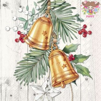 IHR ペーパーナプキン☆CHRISTMAS BELL cream☆（1枚/バラ売り）オーナメント ベル ヤドリギ もみの木 星 木目ベリー クリスマス デコパージュ 可愛い 素敵 お洒落