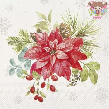 IHR ペーパーナプキン☆CHRISTMAS BOUQUET cream☆（20枚入り）ポインセチア ブーケ もみの木 松ぼっくり 雪 ベリー クリスマス デコパージュ 可愛い 素敵 お洒落