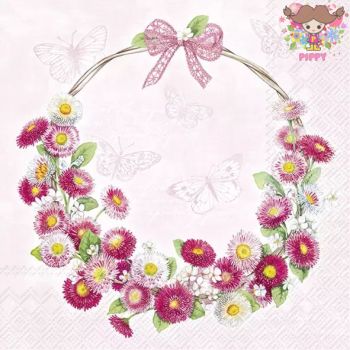 IHR ペーパーナプキン☆BELLIES WREATH rose☆（1枚/バラ売り）ピンク リース リボン 蝶 花柄 デコパージュ 可愛い 素敵 お洒落