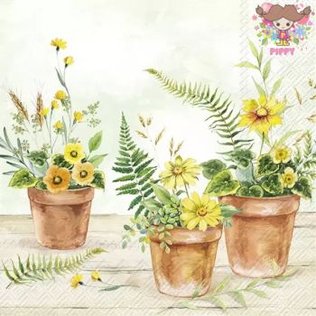 IHR ペーパーナプキン☆PLANT IN POTS light green☆（1枚・バラ売り） 黄色の花 植木鉢 花柄 デコパージュ 可愛い 素敵 お洒落 華やか エレガント ハンドメイド