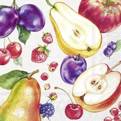 IHR ペーパーナプキン☆FARM FRUITS cream☆（1枚・バラ売り）フルーツ リンゴ イチゴ 洋ナシ 春柄 デコパージュ 可愛い 素敵 お洒落 華やか エレガント ハンドメイド