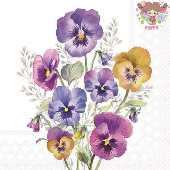 Ambiente ペーパーナプキン☆Pansies☆ （1枚/バラ売り） パンジー パープル 黄色 ブーケ 花柄 素敵 お洒落 デコパージュ