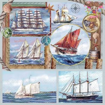 Ambiente ペーパーナプキン☆ Sail away☆ （1枚・バラ売り） 帆船 船 ヨット ヒトデ 貝 海 可愛い デコパージュ ハンドメイド