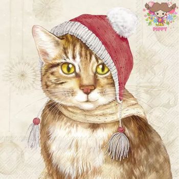 IHR ペーパーナプキン☆JILL cream☆（1枚/バラ売り）猫 ねこ ネコ 帽子 マフラー オーナメント クリスマ..