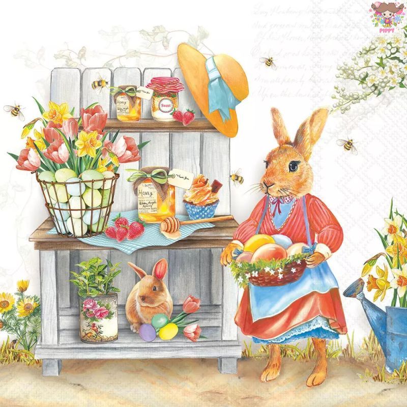 Ambiente ペーパーナプキン☆Easter kitchen☆（1枚/バラ売り） イースター キッチン うさぎ 花柄 たまご 動物 春柄 蜂かわいい 素敵 お洒落 可憐 エレガント デコパージュ ハンドメイド