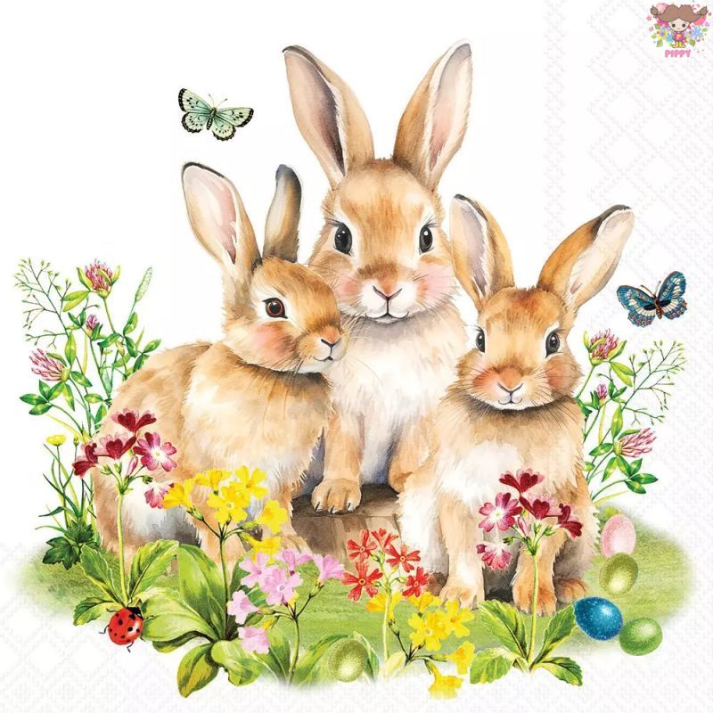 Ambiente ペーパーナプキン☆Bunny family☆（1枚/バラ売り） イースター うさぎ 花柄 蝶々 春柄かわいい 素敵 お洒落 可憐 エレガント デコパージュ ハンドメイド