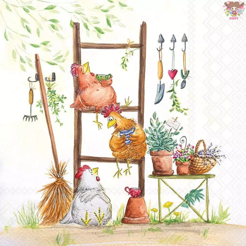 Ambiente ペーパーナプキン☆Break time☆（1枚/バラ売り） イースター 鶏 雌鶏 雄鶏 鳥 休憩中 ガーデニング 箒 庭 花柄 春柄 動物かわいい 素敵 お洒落 可憐 エレガント デコパージュ ハンドメイド