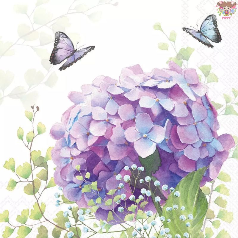 Ambiente ペーパーナプキン☆ Hydrangea ball ☆（1枚/バラ売り） 紫陽花 花柄 蝶々 パープル 紫色かわい..