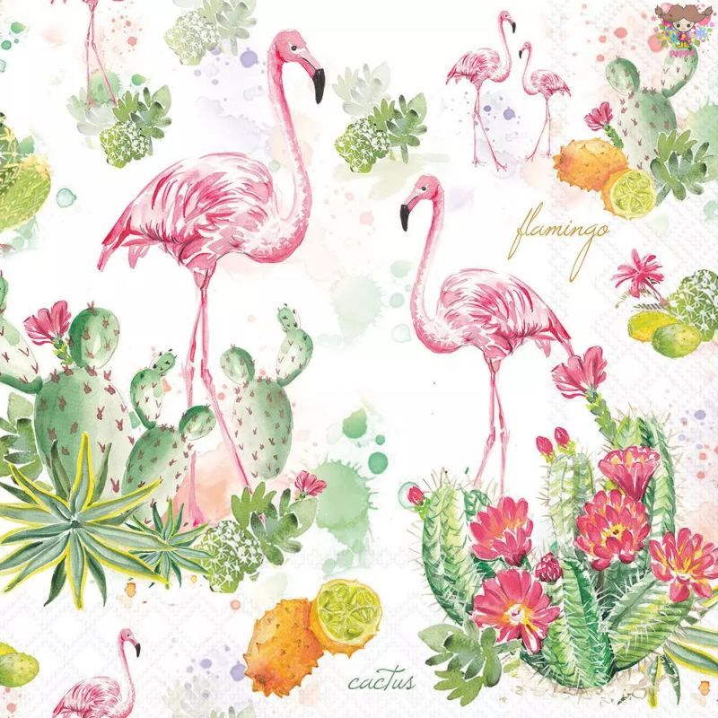 Ambiente ペーパーナプキン☆ Flamingo and cactus ☆（20枚入り） フラミンゴ サボテン 鳥 植物 トロピカル かわいい 素敵 お洒落 可憐 エレガント デコパージュ ハンドメイド
