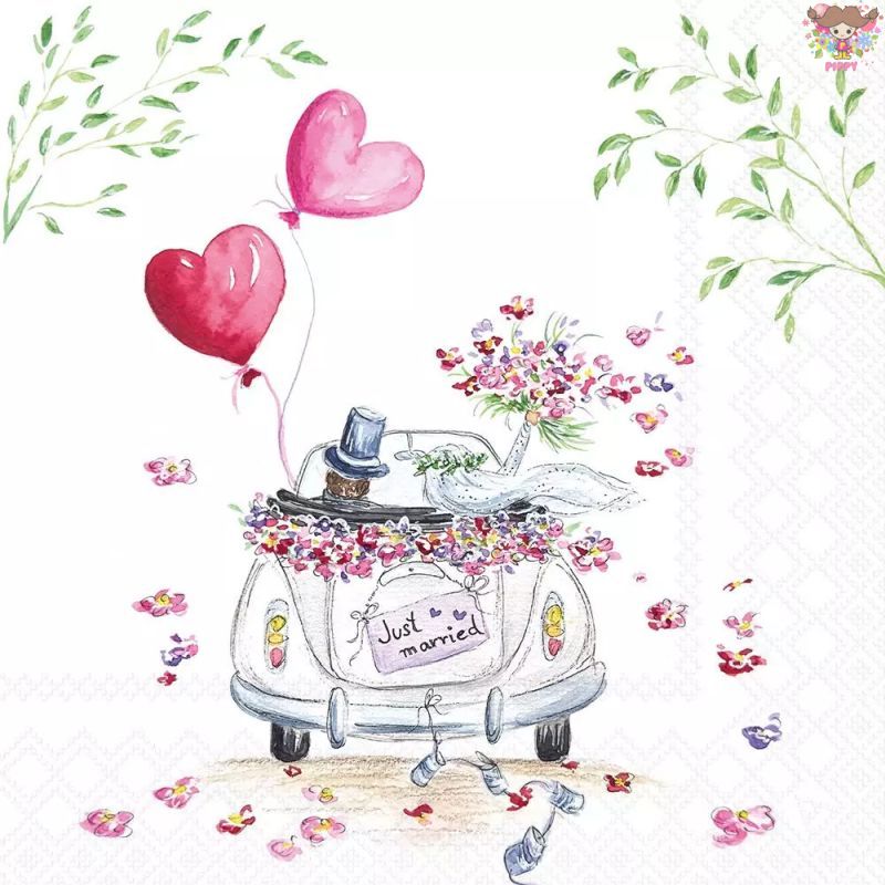 Ambiente ペーパーナプキン☆ Wedding car ☆（1枚/バラ売り） 結婚式 車 ブーケ 花束 風船 ハート 花柄 ..