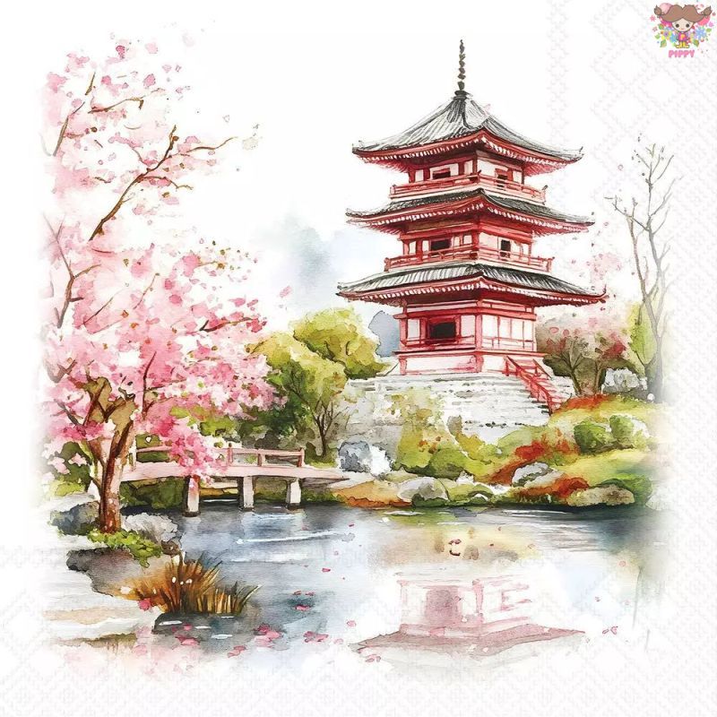 Ambiente ペーパーナプキン☆ Temple ☆（1枚/バラ売り） 三重塔 寺院 桜 池 和柄 風景 花柄かわいい 素敵 お洒落 可憐 エレガント デコパージュ ハンドメイド