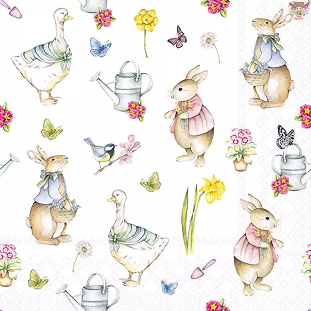 【25cmサイズ】Ambiente ペーパーナプキン ☆Easter garden☆（1枚/バラ売り） ウサギ ラビット あひる ガチョウ 小鳥 花柄 イースター ガーデニング 庭 春柄 動物素敵 可愛い おしゃれ エレガント デコパージュ ハンドメイド(W25cm×L25cm)